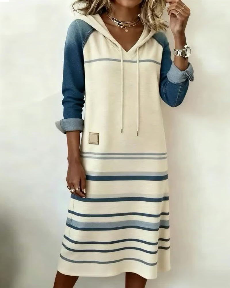Striped Hooded Dress with Color Mixing