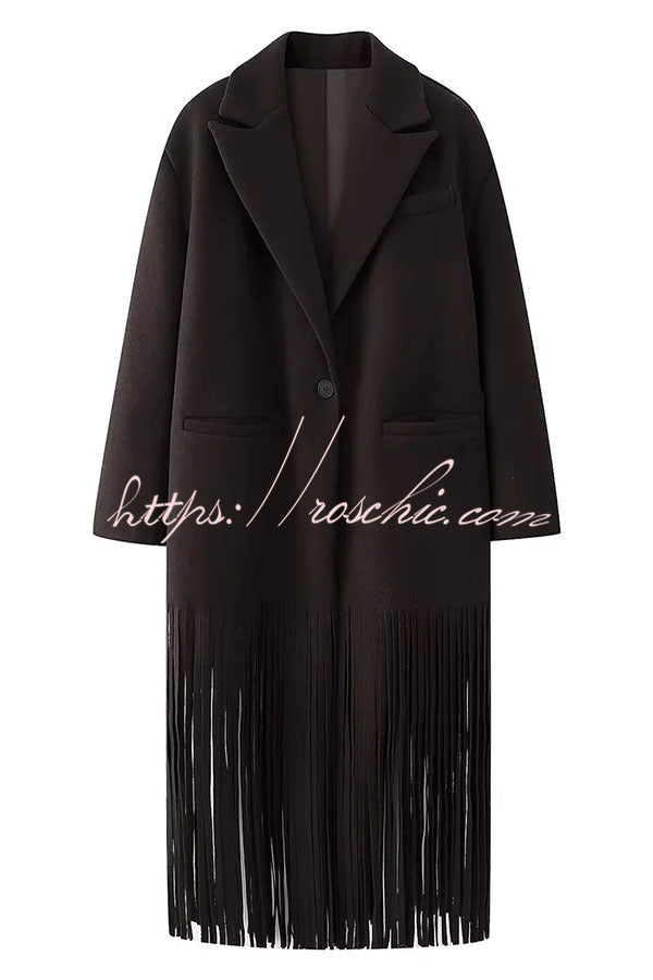Street Style Wool Blend Long Sleeve Pocket Tassel Trim Lapel Midi Coat