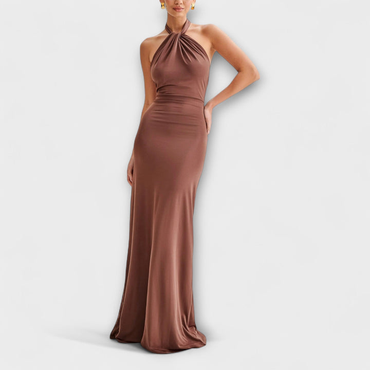 Long Dress with Bow at the Neck and Satin Texture
