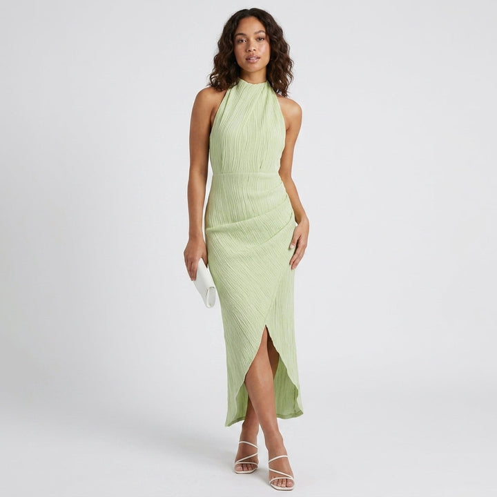 Backless Midi Dress Pleated Neckline Slim Fit Wedding Party