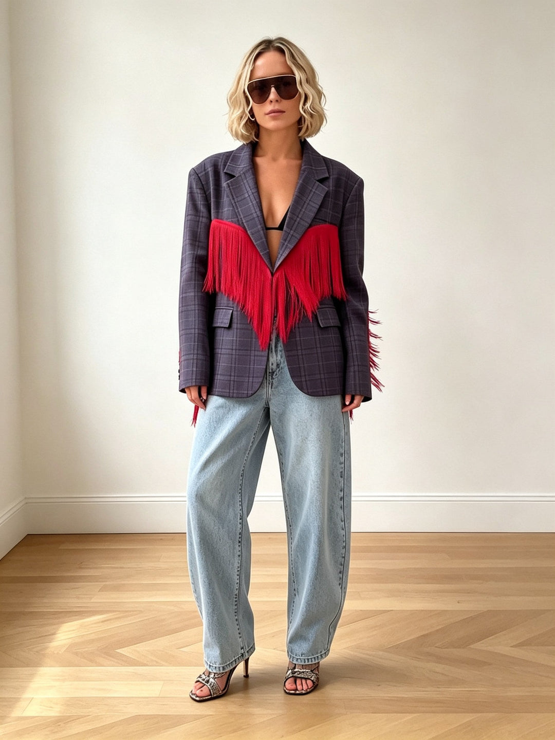 Plaid Blazer with Red Fringe Angel Wings
