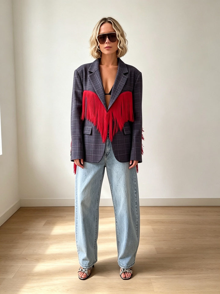 Plaid Blazer with Red Fringe Angel Wings
