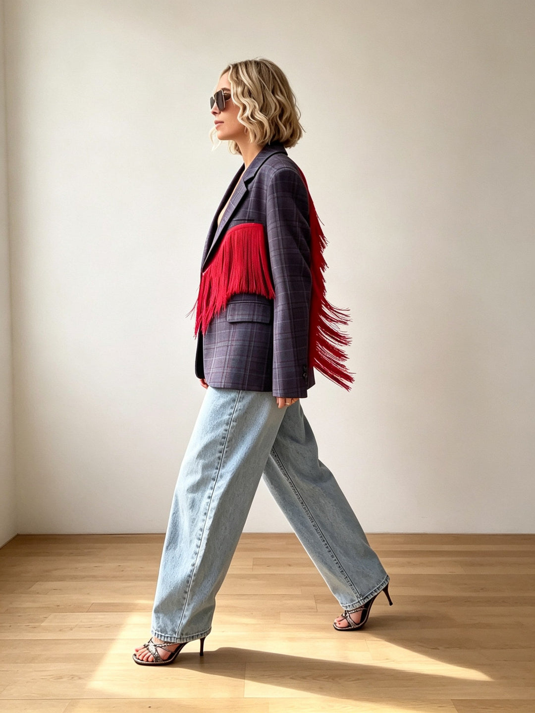 Plaid Blazer with Red Fringe Angel Wings
