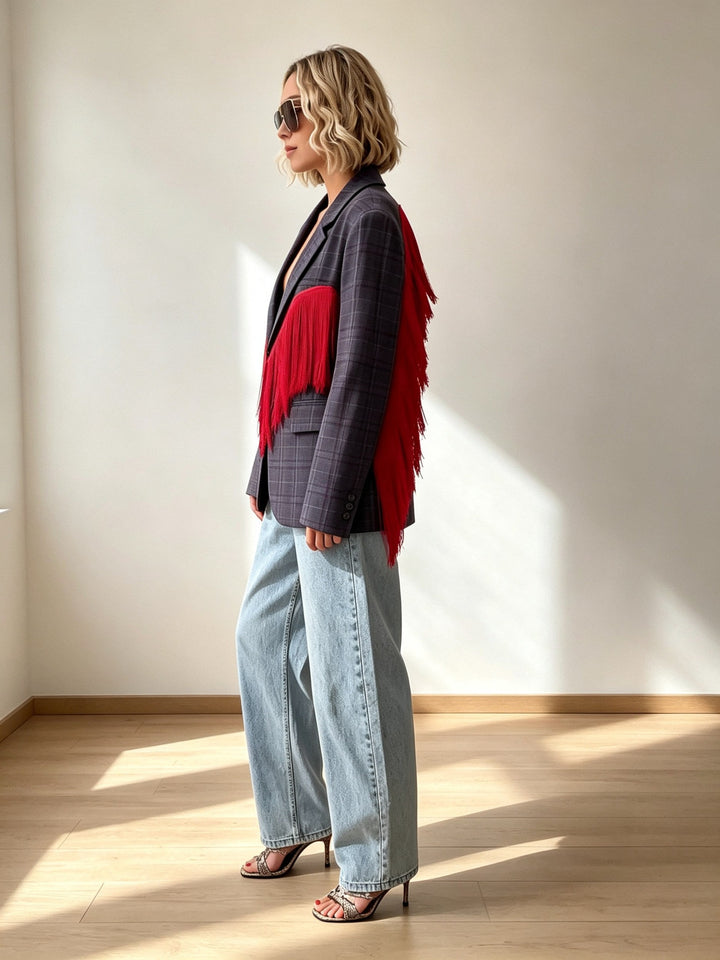 Plaid Blazer with Red Fringe Angel Wings