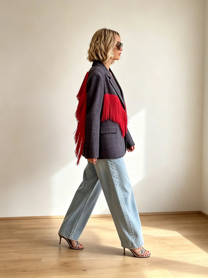Plaid Blazer with Red Fringe Angel Wings