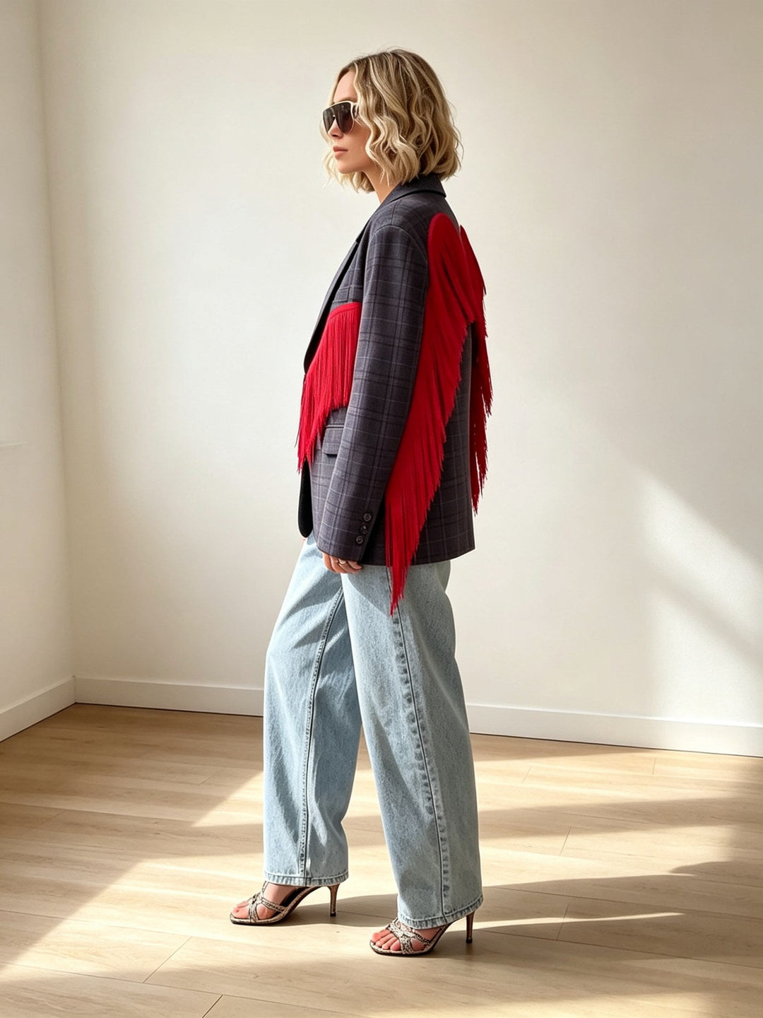 Plaid Blazer with Red Fringe Angel Wings