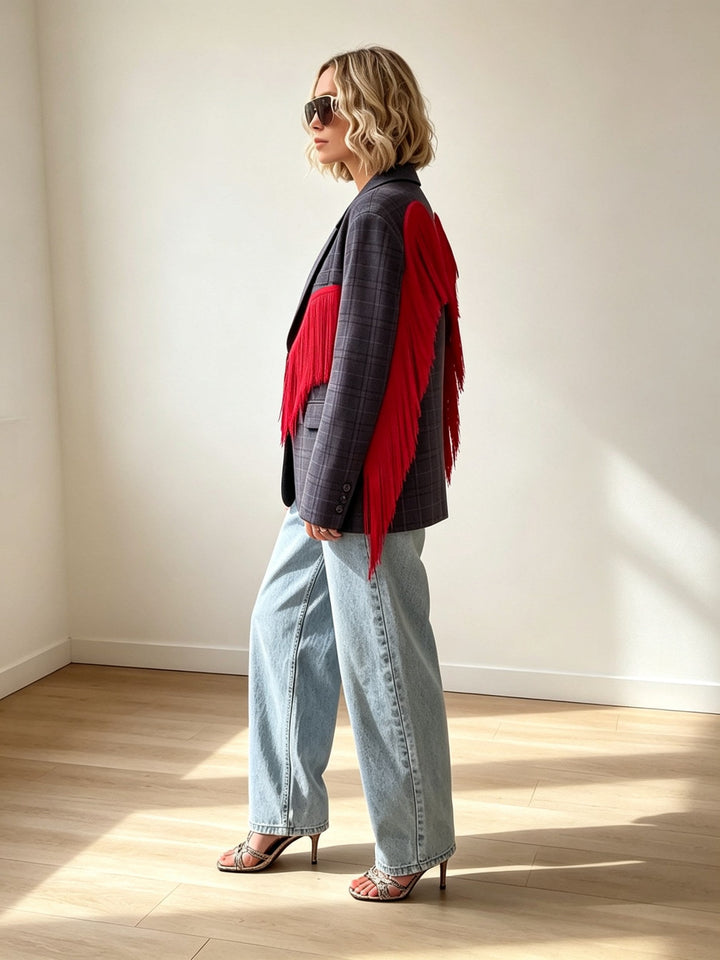 Plaid Blazer with Red Fringe Angel Wings