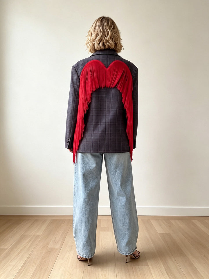Plaid Blazer with Red Fringe Angel Wings