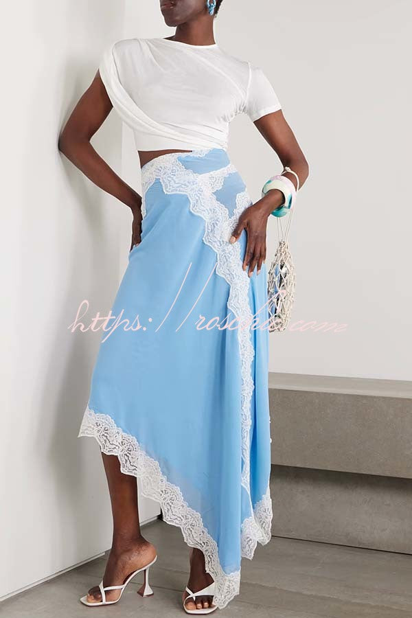 Verve Ribbed Jersey Cutout Waist Asymmetric Satin Lace Hem Maxi Dress, view 5 - Elena Harper