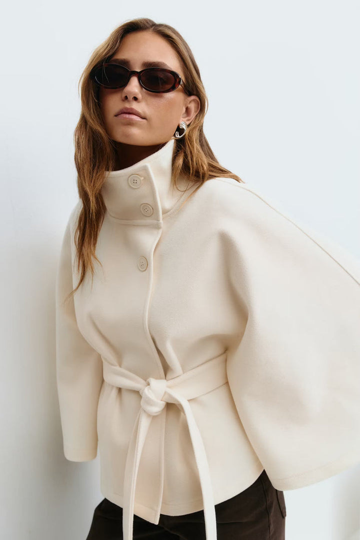Elegant High Collar Cape Coat for Women – Stylish Belted Coat