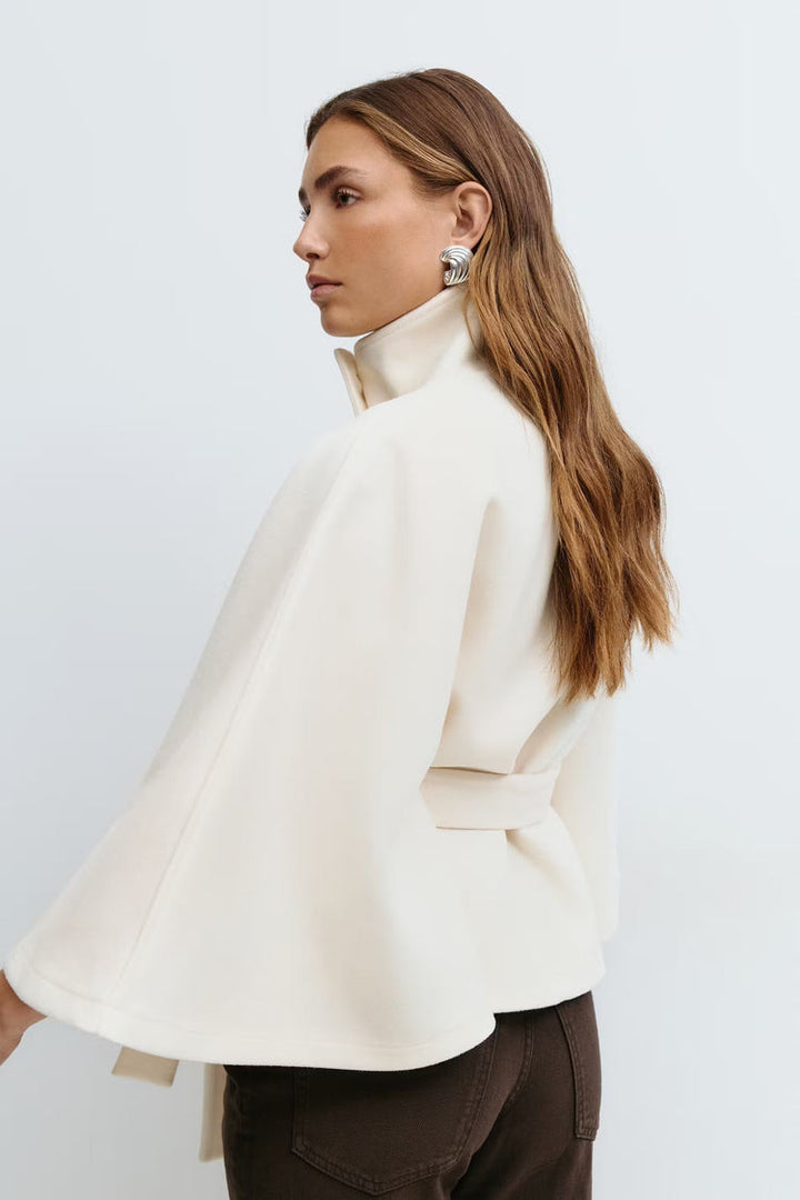 Elegant High Collar Cape Coat for Women – Stylish Belted Coat