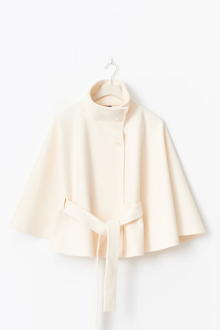 Elegant High Collar Cape Coat for Women – Stylish Belted Coat