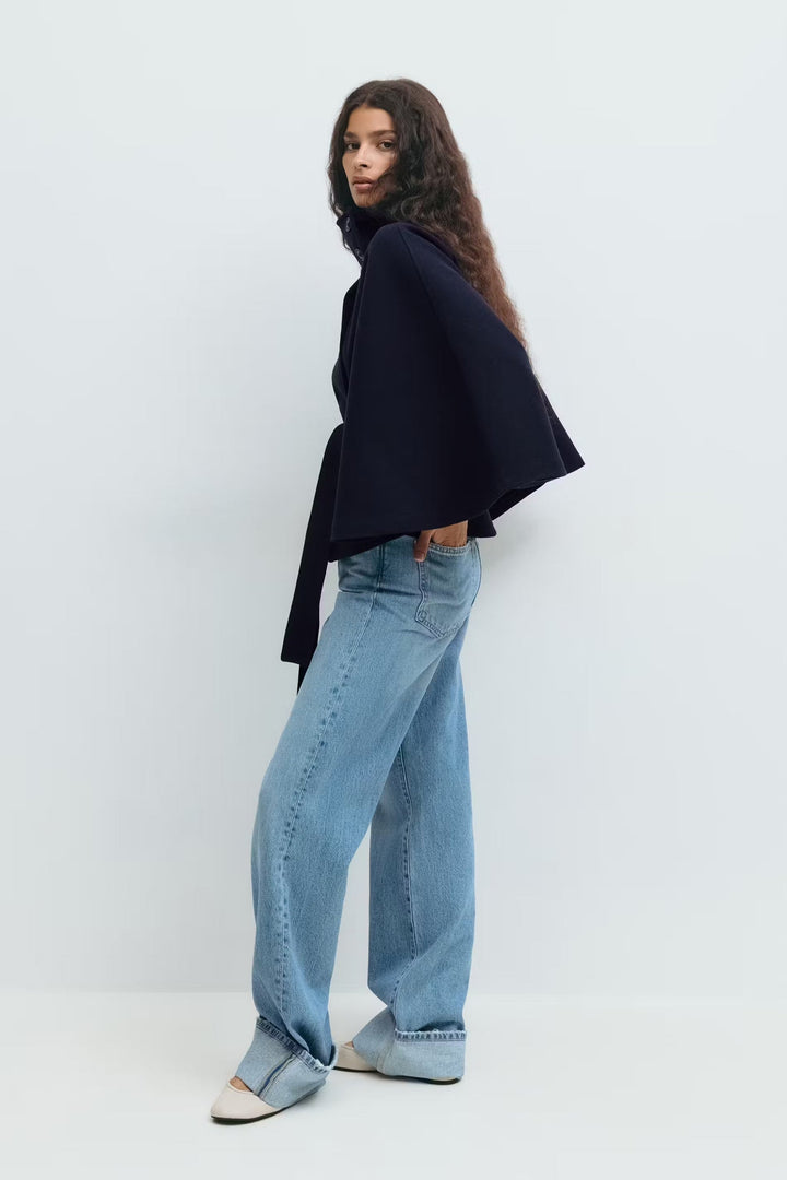 Elegant High Collar Cape Coat for Women – Stylish Belted Coat
