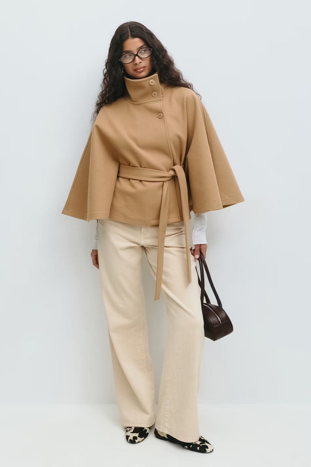 Elegant High Collar Cape Coat for Women – Stylish Belted Coat