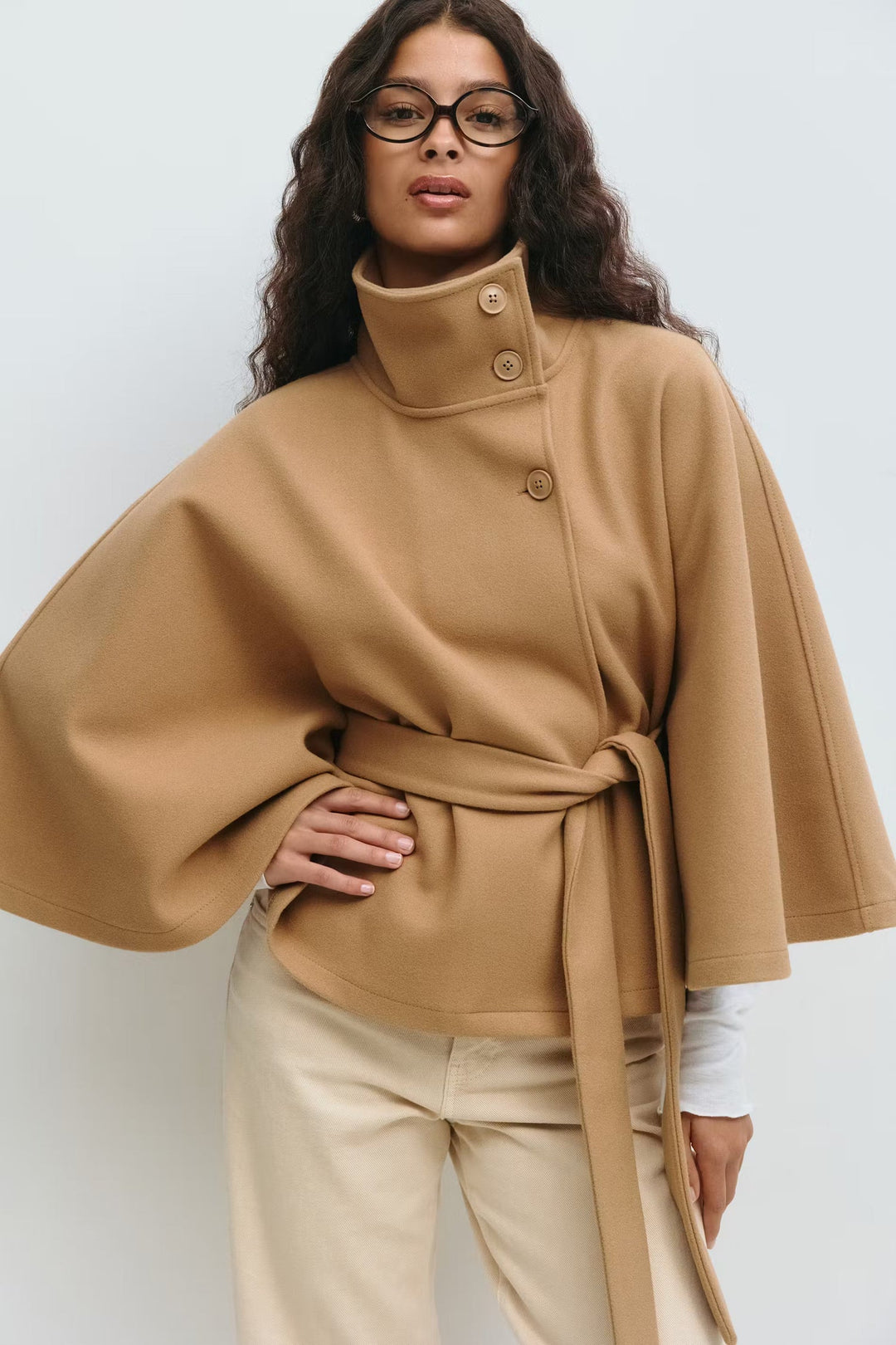 Elegant High Collar Cape Coat for Women – Stylish Belted Coat