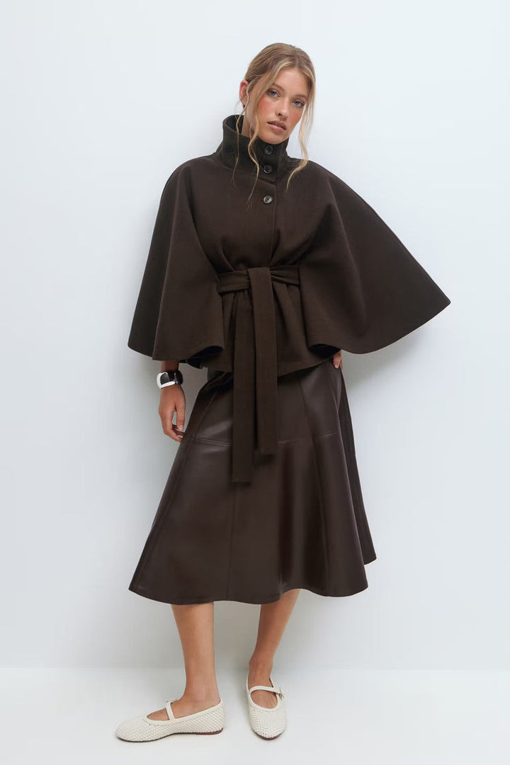 Elegant High Collar Cape Coat for Women – Stylish Belted Coat