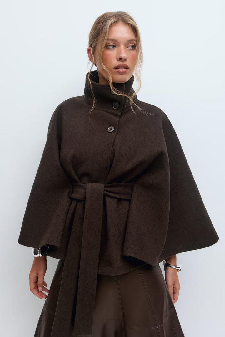 Elegant High Collar Cape Coat for Women – Stylish Belted Coat