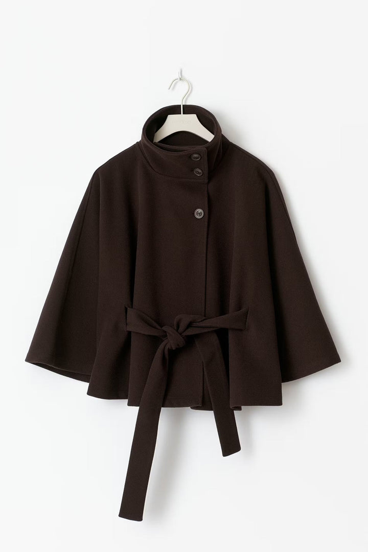 Elegant High Collar Cape Coat for Women – Stylish Belted Coat