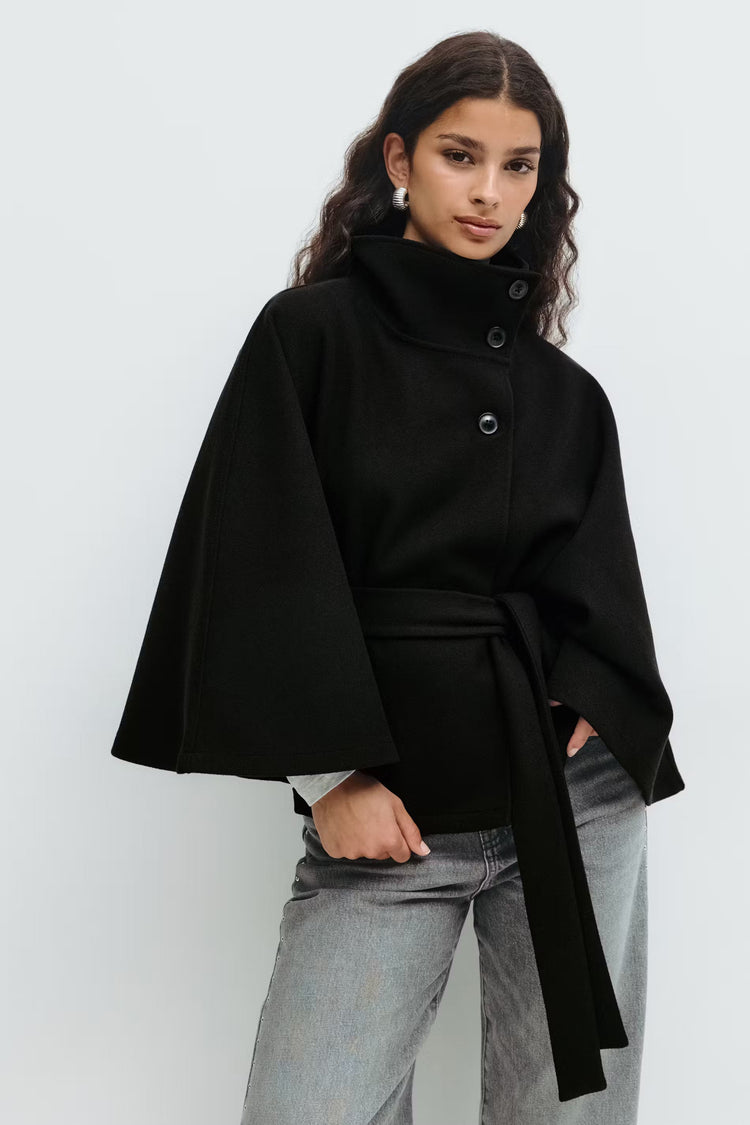 Elegant High Collar Cape Coat for Women – Stylish Belted Coat