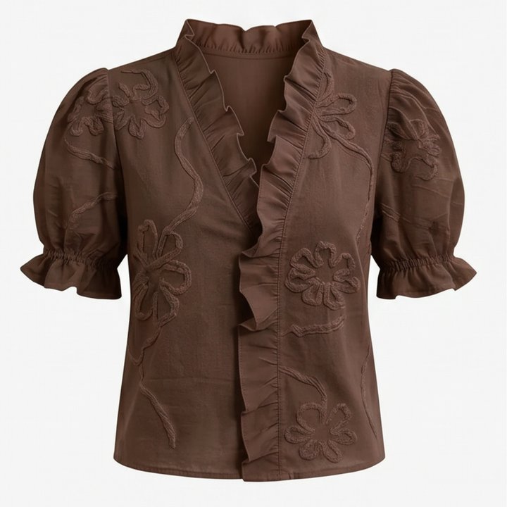 Belvera Romantic Ruffled V-Neck Blouse with Puff Sleeves - Elena Harper