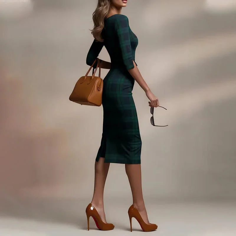 Linari - Elegant Plaid Midi Dress