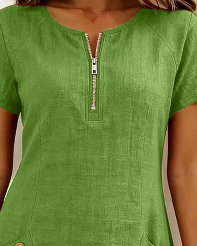 Short Linen and Cotton Dress with Zipper Closure Elegant A-Line Cut - Elena Harper