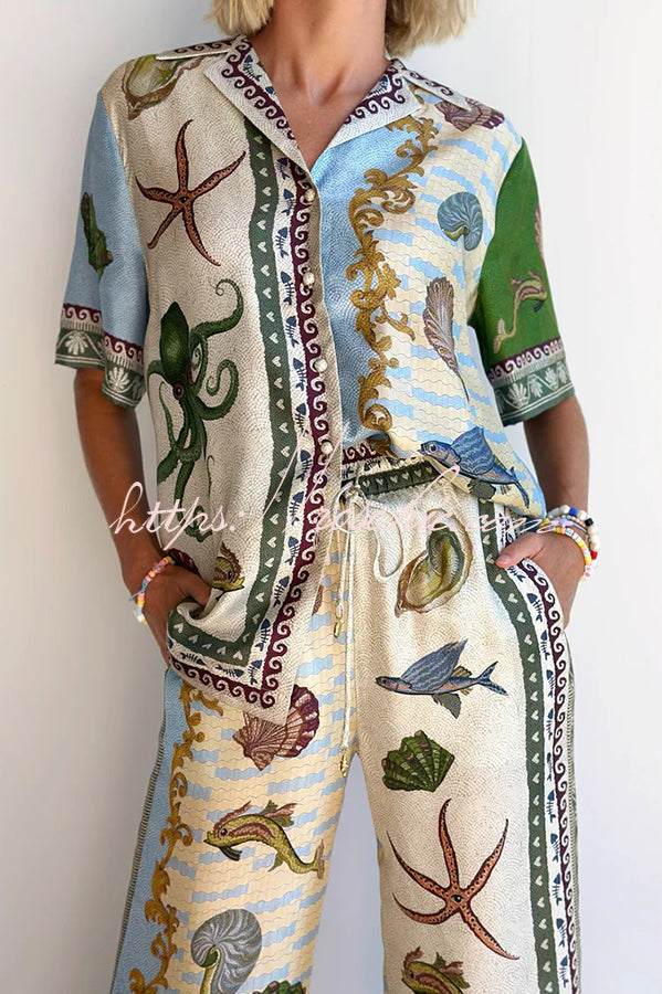 Deep Sea Dreaming Satin Unique Print Short Sleeve Shirt and Elastic Waist Pocketed Pants Set, view 3 - Elena Harper