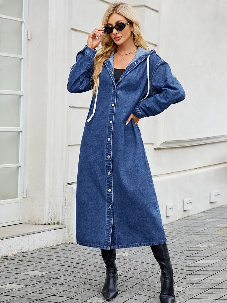 Women's Long Hooded Jacket with Button Front Closure