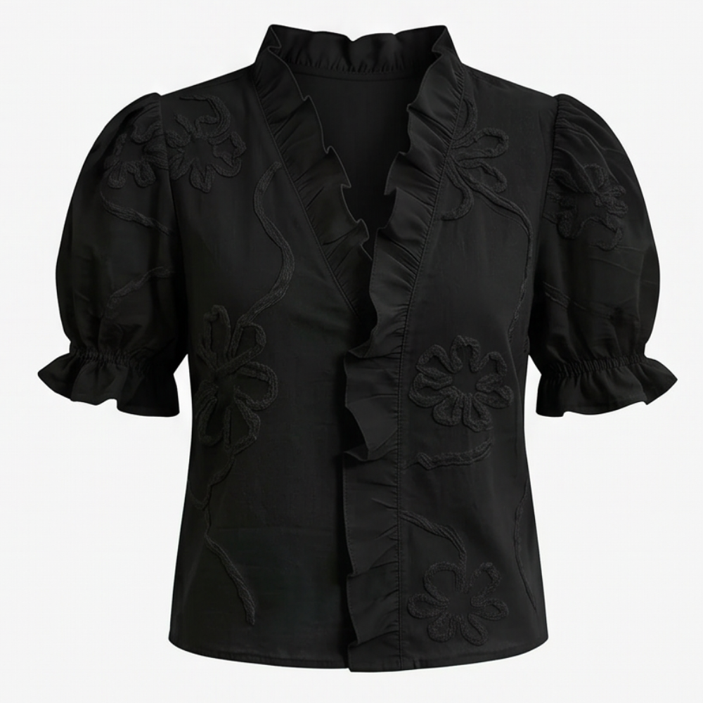 Belvera Romantic Ruffled V-Neck Blouse with Puff Sleeves - Elena Harper