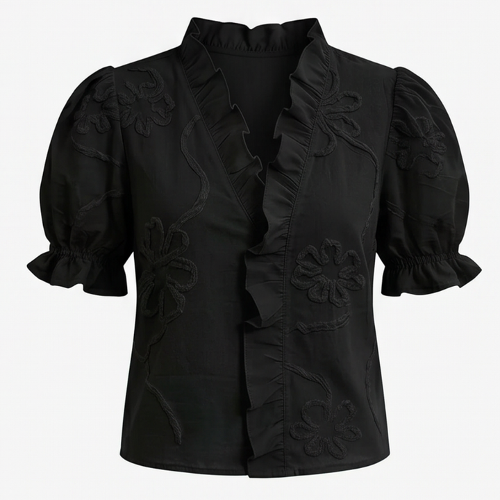 Belvera Romantic Ruffled V-Neck Blouse with Puff Sleeves - Elena Harper