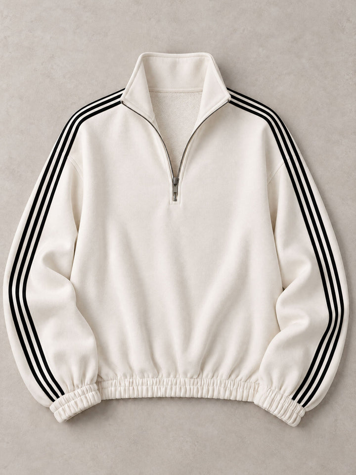 Casual Sporty Black Ribbon White Half-Zip Sweatshirt And Wide-Leg Pants Set, view 9 - Elena Harper