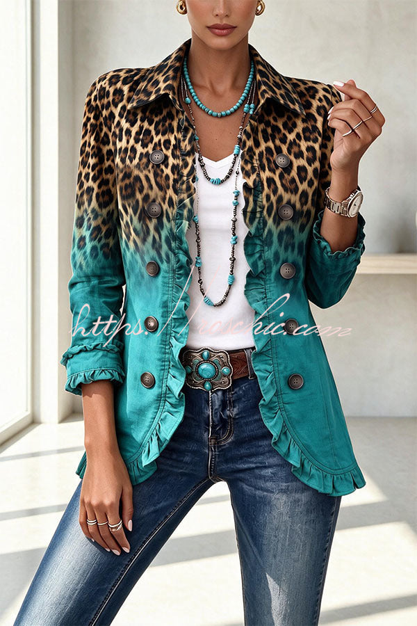Stylish and Unique Printed Ruffle Trim Button-down Long Sleeve  Jacket