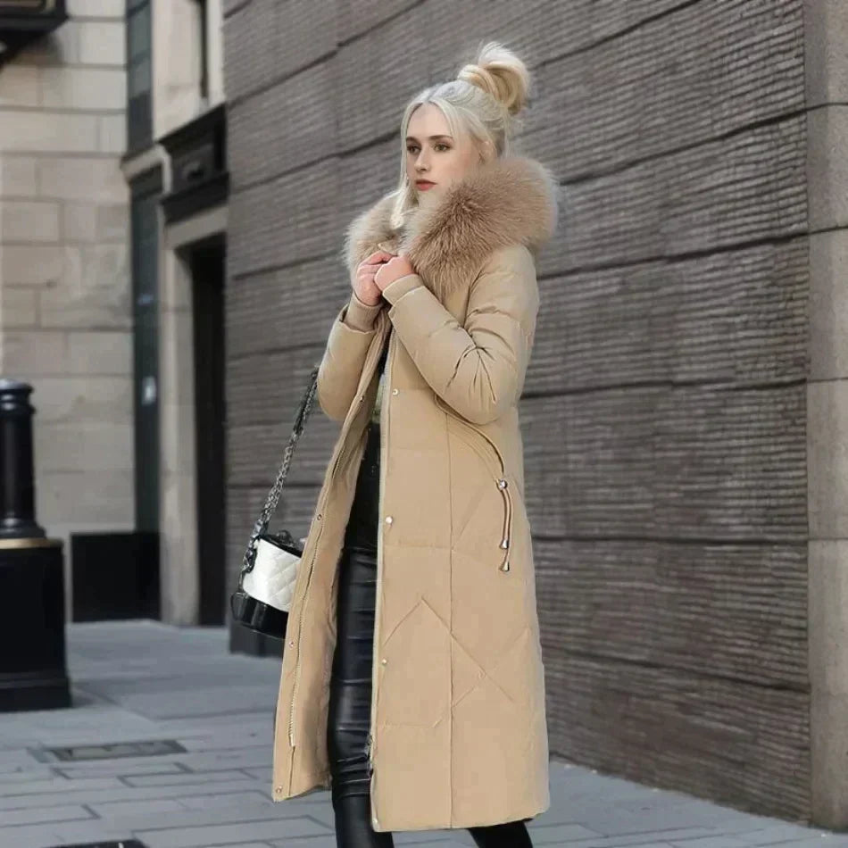 Marguerite Elegant Long Down Jacket with Fur, view 9 - Elena Harper