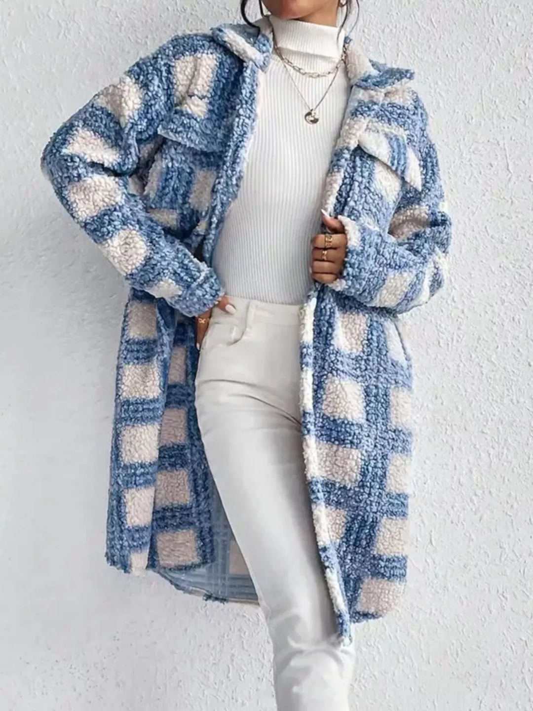 Long bouclé fabric coat with design for women Sereane, view 5 - Elena Harper