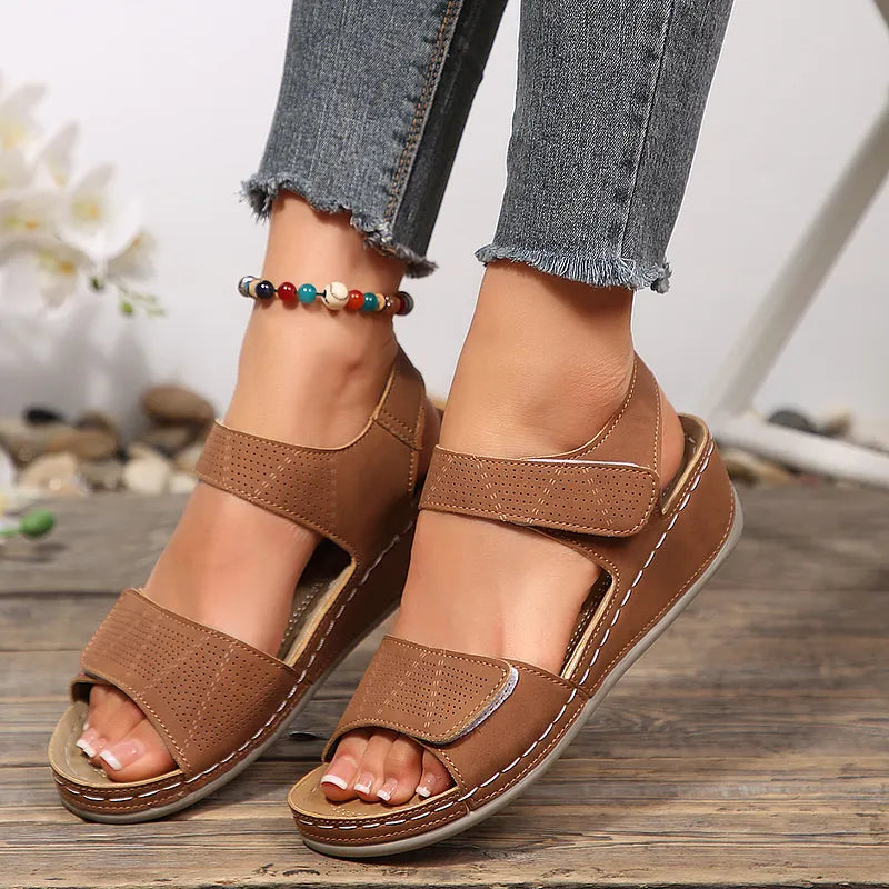 Tanaeva Comfortable Wedge Sandals with Velcro Closure, view 3 - Elena Harper