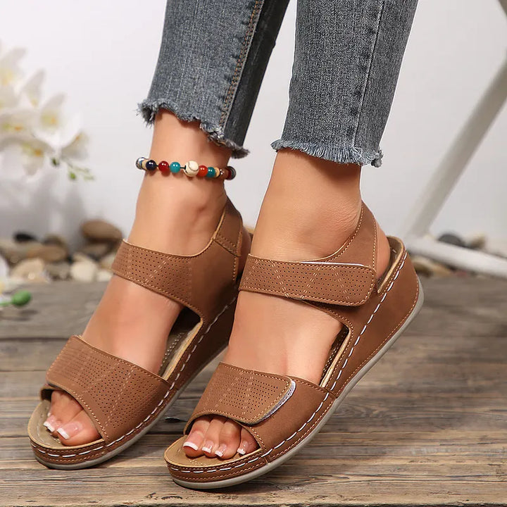 Tanaeva Comfortable Wedge Sandals with Velcro Closure, view 3 - Elena Harper
