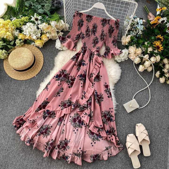 Women’s Midi Dress with Off-Shoulder, Short Sleeves, and Ruffles – Summer Style