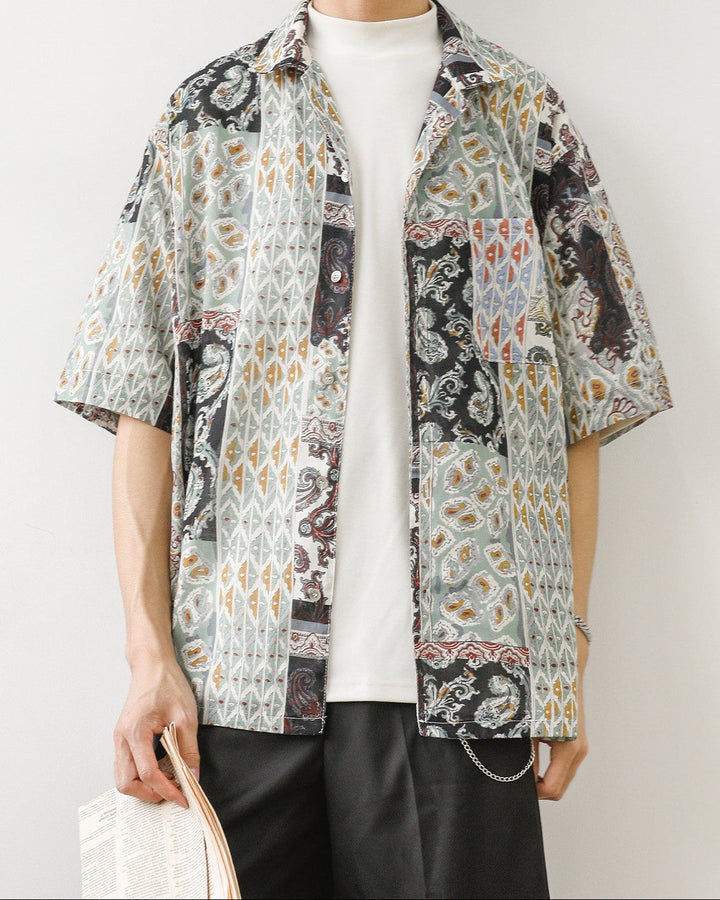 Men's Summer Retro Style Floral Print Shirt, Square Collar and Short Sleeves Cotton Blend - Elena Harper