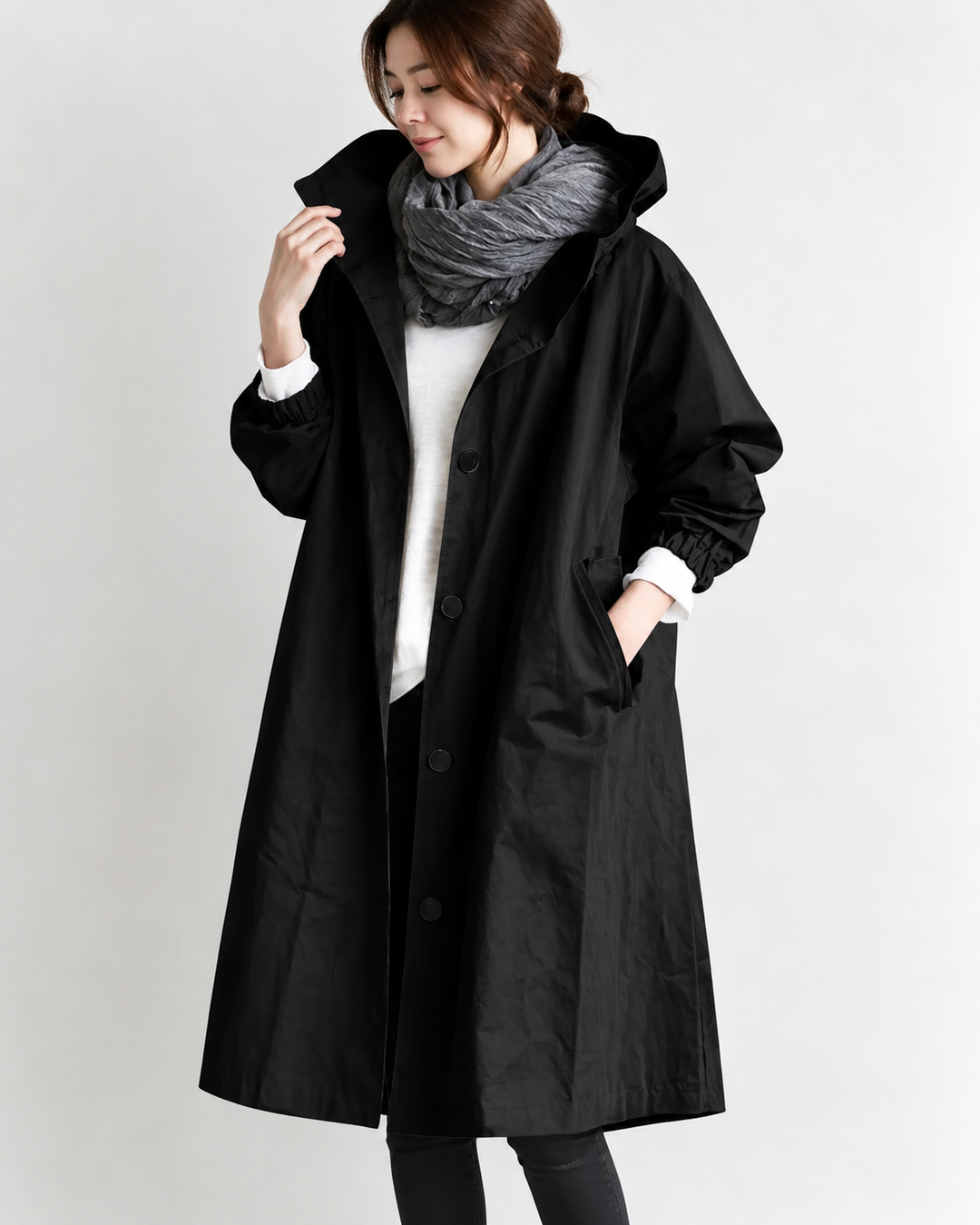 Vina Warm Long Trench Coat with Hood, view 8 - Elena Harper