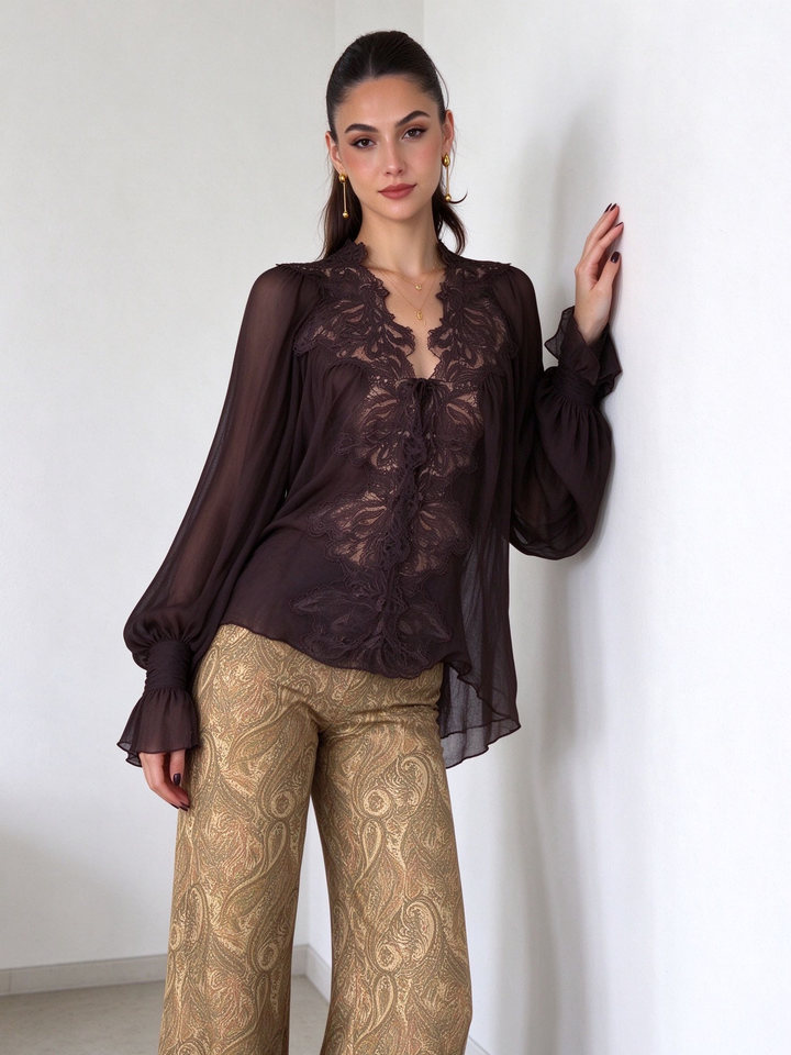 Bow Detail Lace Chiffon Blouse