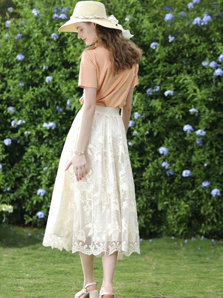 Embroidered Lace Midi Skirt