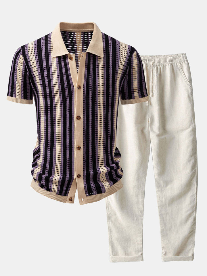 STRIPED SHIRT WITH CROCHET EYELETS & STRAIGHT LEG LINEN PANTS
