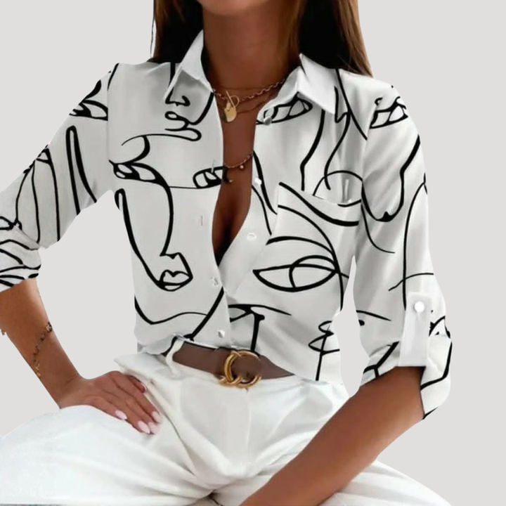 Chic Women's Blouse with Geometric Pattern and Shirt Collar