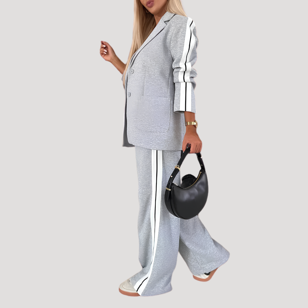 Women's Blazer Set with Striped Wide Pants