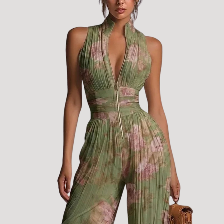 Women’s Pleated Jumpsuit with Open Back and Floral Print, view 3 - Elena Harper