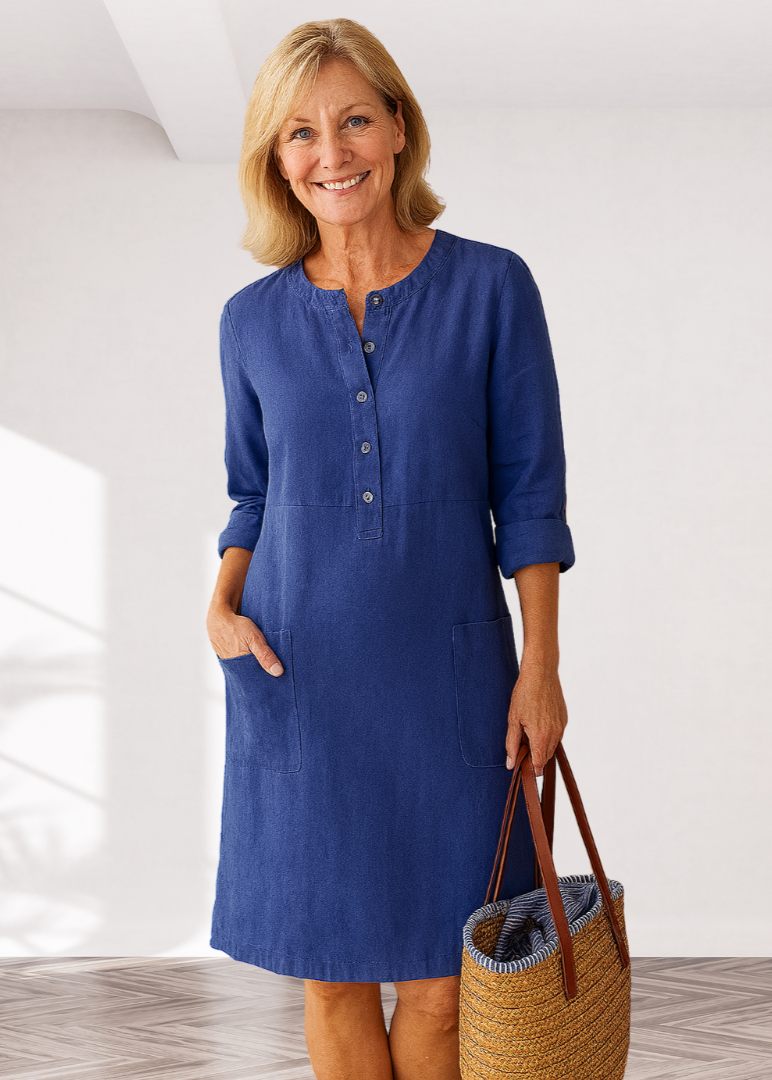 Classic Casual Midi Dress for Women – Loose Fit with Pockets