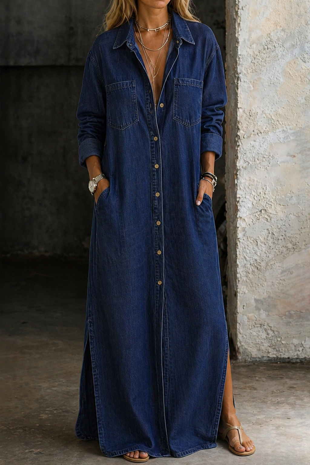Women's Long Denim Shirt Dress with Buttons