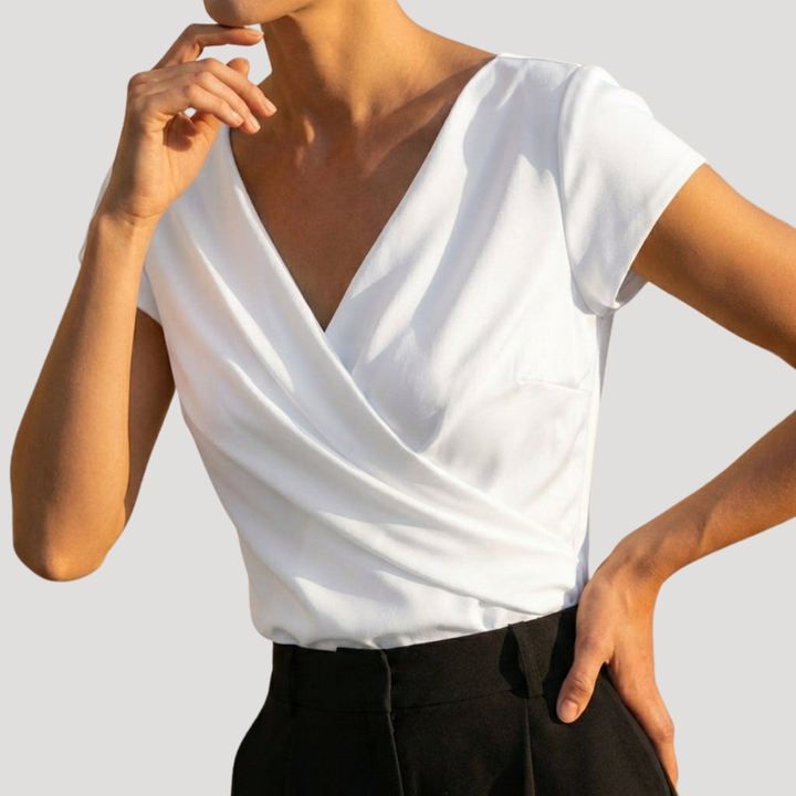Fluid and Elegant Blouse with Draped V-Neck and Short Sleeves
