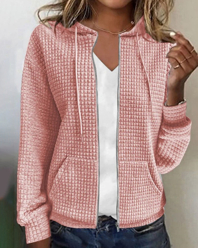 Casual Long Sleeve Textured Zip-Up Hoodie - Elena Harper