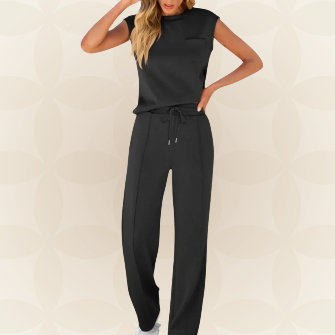 Elegant women's outfit with sleeveless top and flowy wide pants, view 10 - Elena Harper